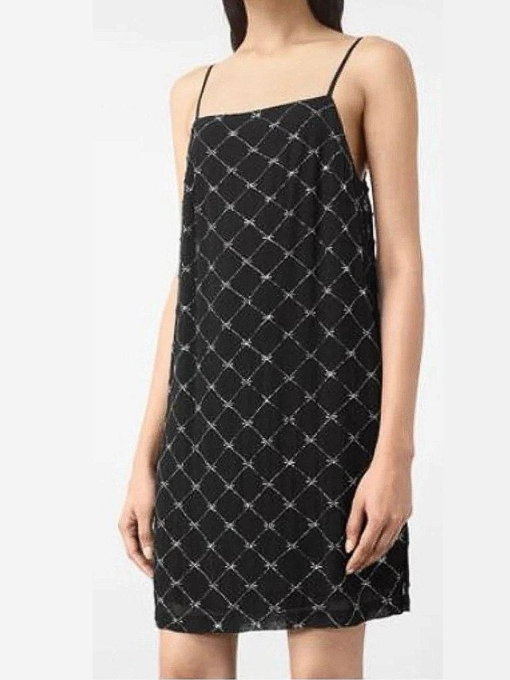 ALL SAINTS Black Slip Mini Dress Silver Diamond Embellishment Spaghetti Sz US 6